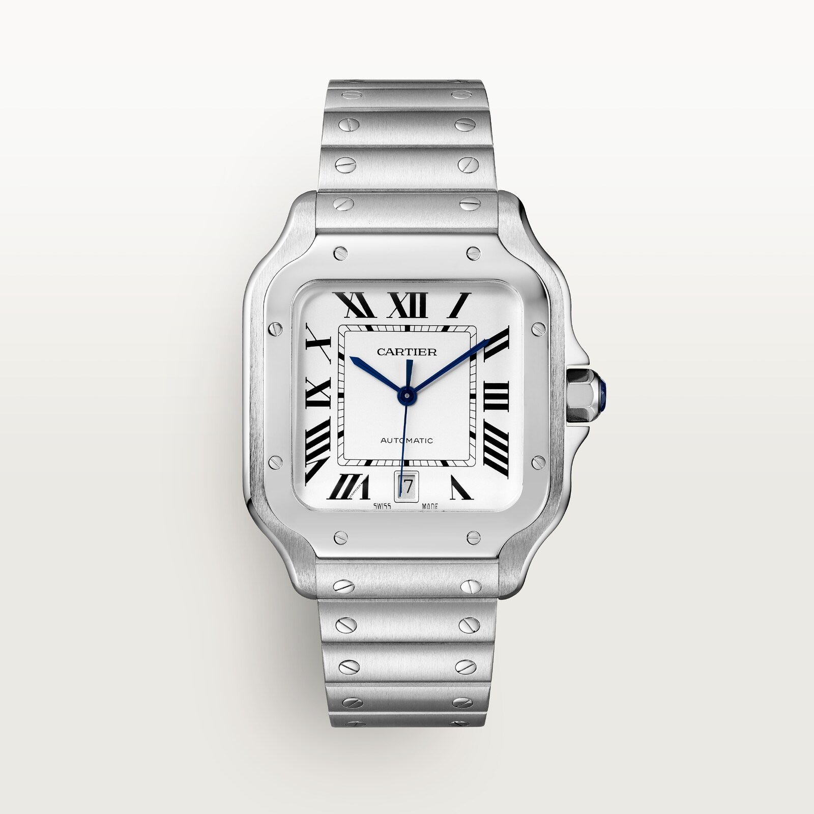 Cartier Santos de Cartier (grand modèle, acier), vue de face sur fond blanc