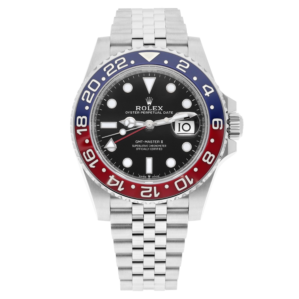 Rolex GMT-Master II « Pepsi », référence 126710BLRO, vue de face sur fond blanc