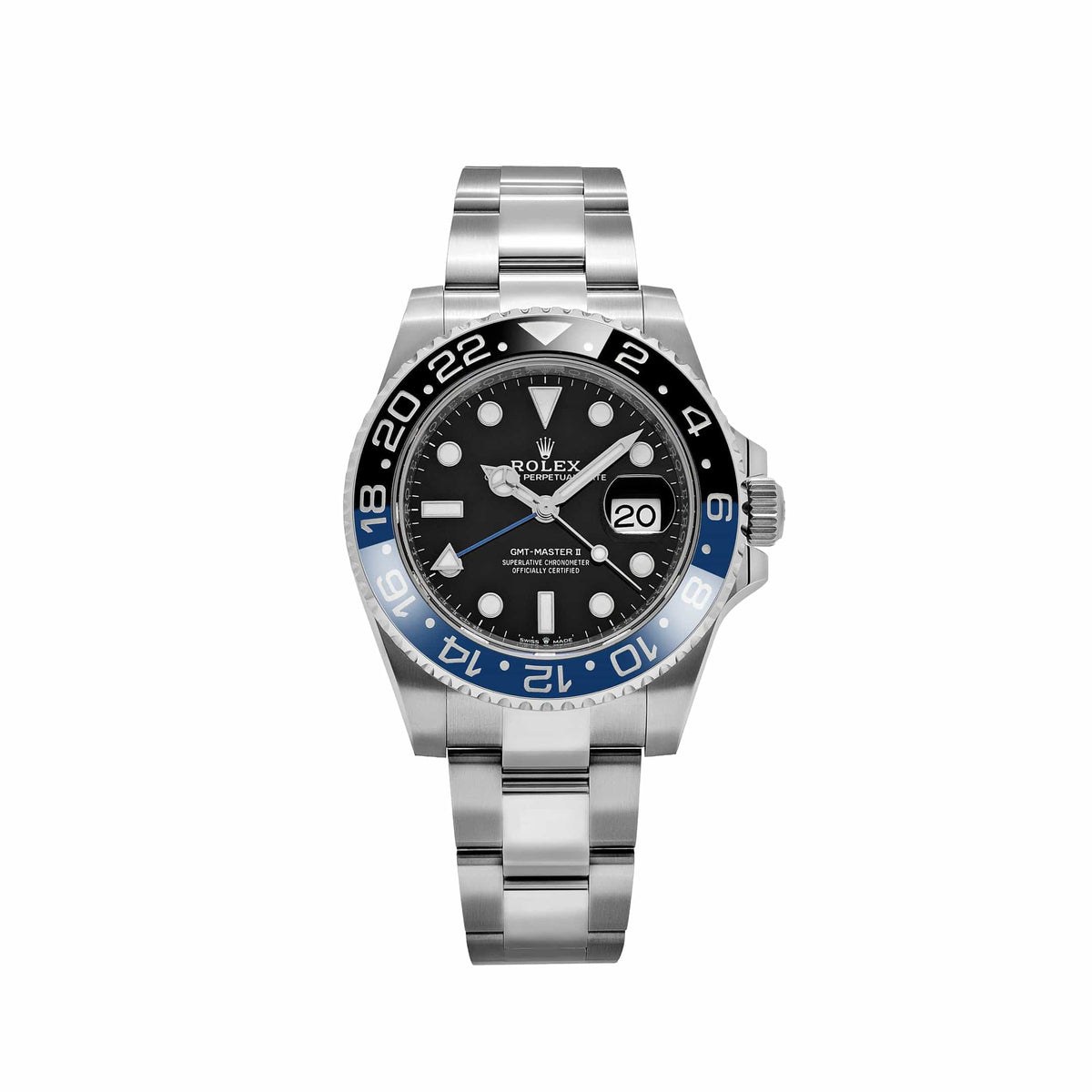 Rolex GMT-Master II « Batman », vue de face sur fond blanc